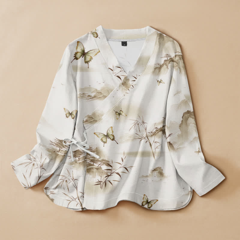 Buddha Stones Camicia da donna a maniche lunghe con scollo a V, stampa a farfalla in stile Hanfu, in cotone e bambù, con allacciatura a lacci. - Oliva - US16, UK/AU20, EU48 (3XL) - image 7