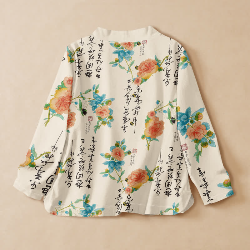 Buddha Stones Camicia da donna a maniche lunghe, stile Hanfu, con scollo a V e allacciatura a lacci, in cotone, con stampa floreale e calligrafia. - image 1