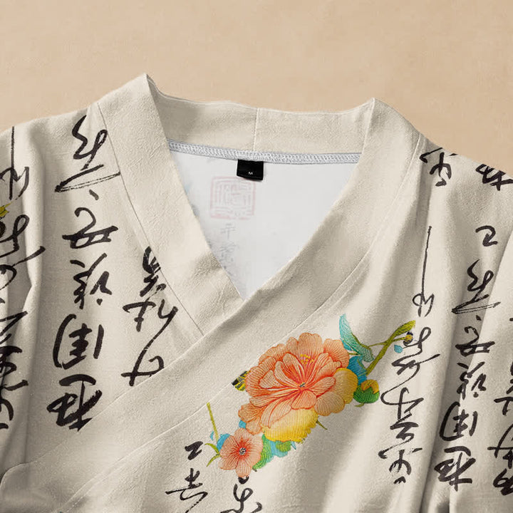 Buddha Stones Camicia da donna a maniche lunghe, stile Hanfu, con scollo a V e allacciatura a lacci, in cotone, con stampa floreale e calligrafia. - image 2