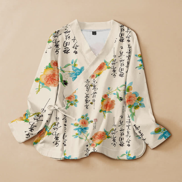 Buddha Stones Camicia da donna a maniche lunghe, stile Hanfu, con scollo a V e allacciatura a lacci, in cotone, con stampa floreale e calligrafia. - Avorio - US16, UK/AU20, EU48 (3XL) - image 0