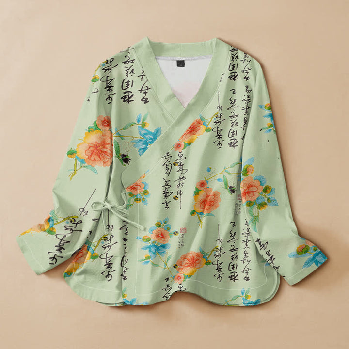 Buddha Stones Camicia da donna a maniche lunghe, stile Hanfu, con scollo a V e allacciatura a lacci, in cotone, con stampa floreale e calligrafia. - image 6