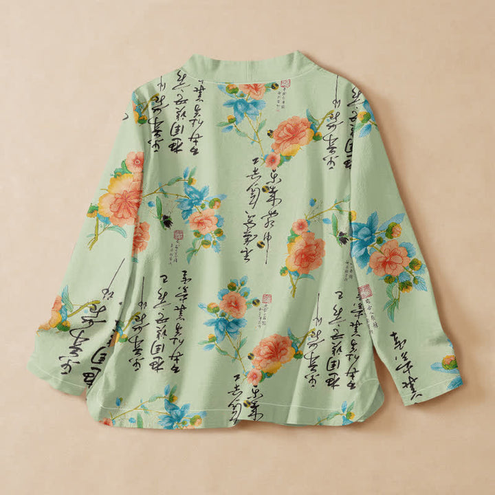 Buddha Stones Camicia da donna a maniche lunghe, stile Hanfu, con scollo a V e allacciatura a lacci, in cotone, con stampa floreale e calligrafia. - image 6