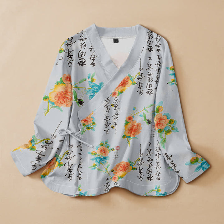 Buddha Stones Camicia da donna a maniche lunghe, stile Hanfu, con scollo a V e allacciatura a lacci, in cotone, con stampa floreale e calligrafia. - Azzurro chiaro - US16, UK/AU20, EU48 (3XL) - image 7