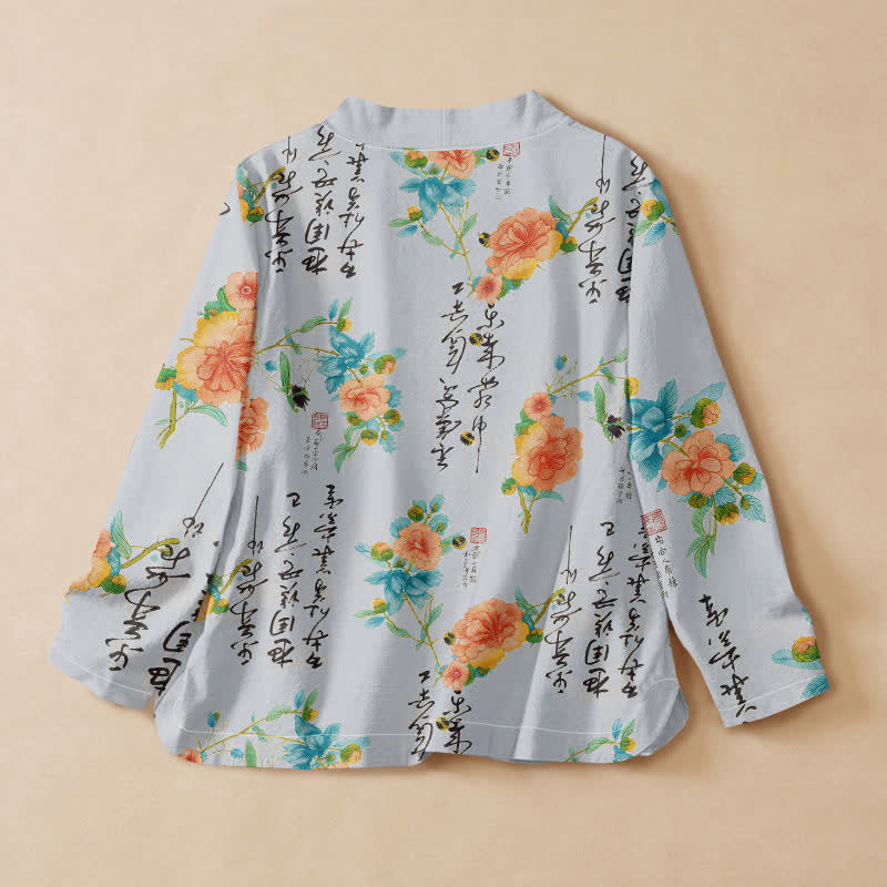 Buddha Stones Camicia da donna a maniche lunghe, stile Hanfu, con scollo a V e allacciatura a lacci, in cotone, con stampa floreale e calligrafia. - image 8