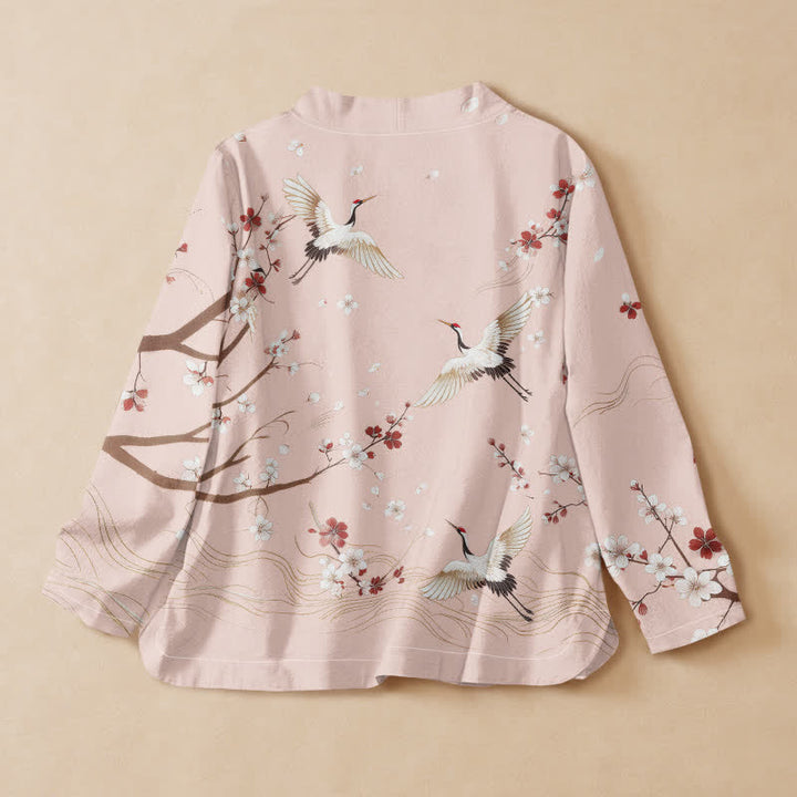 Kimono da donna a maniche lunghe con scollo a V e allacciatura, in cotone con stampa di gru e fiori di pruno e motivo Buddha Stones. - image 1