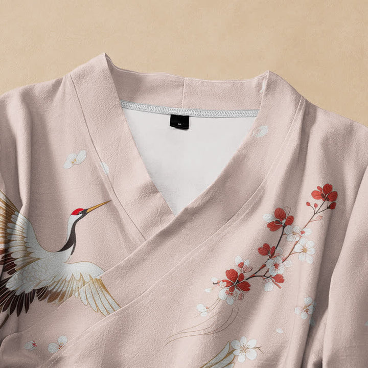 Kimono da donna a maniche lunghe con scollo a V e allacciatura, in cotone con stampa di gru e fiori di pruno e motivo Buddha Stones. - image 2