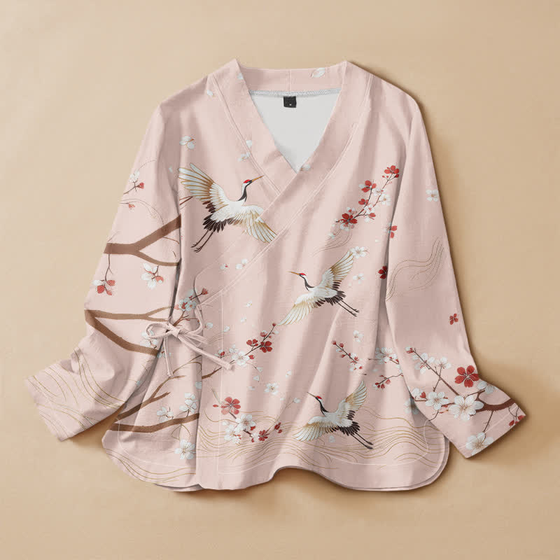 Kimono da donna a maniche lunghe con scollo a V e allacciatura, in cotone con stampa di gru e fiori di pruno e motivo Buddha Stones. - Lavanda Rosa - US16, UK/AU20, EU48 (3XL) - image 0