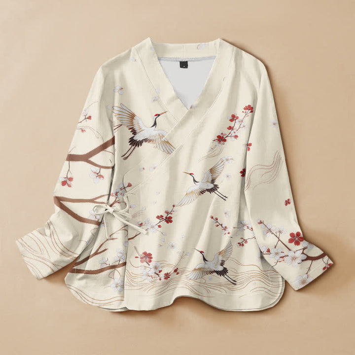 Kimono da donna a maniche lunghe con scollo a V e allacciatura, in cotone con stampa di gru e fiori di pruno e motivo Buddha Stones. - Avorio - US16, UK/AU20, EU48 (3XL) - image 5