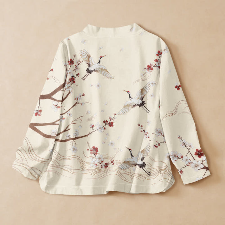 Kimono da donna a maniche lunghe con scollo a V e allacciatura, in cotone con stampa di gru e fiori di pruno e motivo Buddha Stones. - image 6