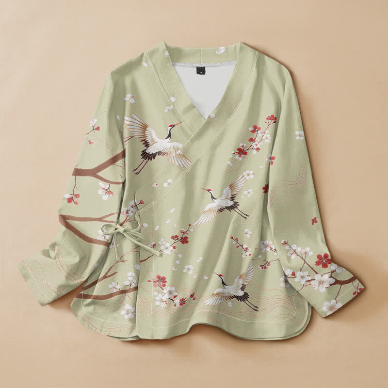 Kimono da donna a maniche lunghe con scollo a V e allacciatura, in cotone con stampa di gru e fiori di pruno e motivo Buddha Stones. - Verde pallido - US16, UK/AU20, EU48 (3XL) - image 7