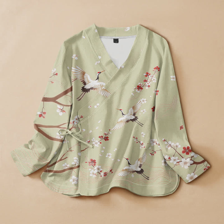 Kimono da donna a maniche lunghe con scollo a V e allacciatura, in cotone con stampa di gru e fiori di pruno e motivo Buddha Stones. - Verde pallido - US16, UK/AU20, EU48 (3XL) - image 7