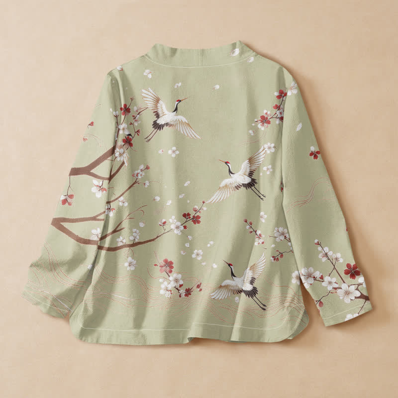 Kimono da donna a maniche lunghe con scollo a V e allacciatura, in cotone con stampa di gru e fiori di pruno e motivo Buddha Stones. - image 8