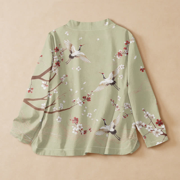 Kimono da donna a maniche lunghe con scollo a V e allacciatura, in cotone con stampa di gru e fiori di pruno e motivo Buddha Stones. - image 8