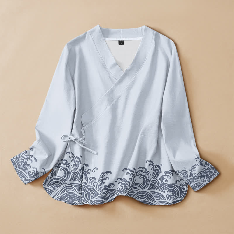 Kimono da donna a maniche lunghe con scollo a V e allacciatura, in cotone con stampa Buddha Stones e onde oceaniche. - Azzurro chiaro - US16, UK/AU20, EU48 (3XL) - image 0