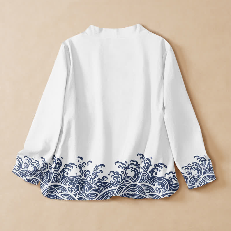 Kimono da donna a maniche lunghe con scollo a V e allacciatura, in cotone con stampa Buddha Stones e onde oceaniche. - image 6