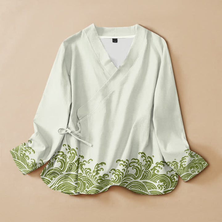 Kimono da donna a maniche lunghe con scollo a V e allacciatura, in cotone con stampa Buddha Stones e onde oceaniche. - Crema alla menta - US16, UK/AU20, EU48 (3XL) - image 7