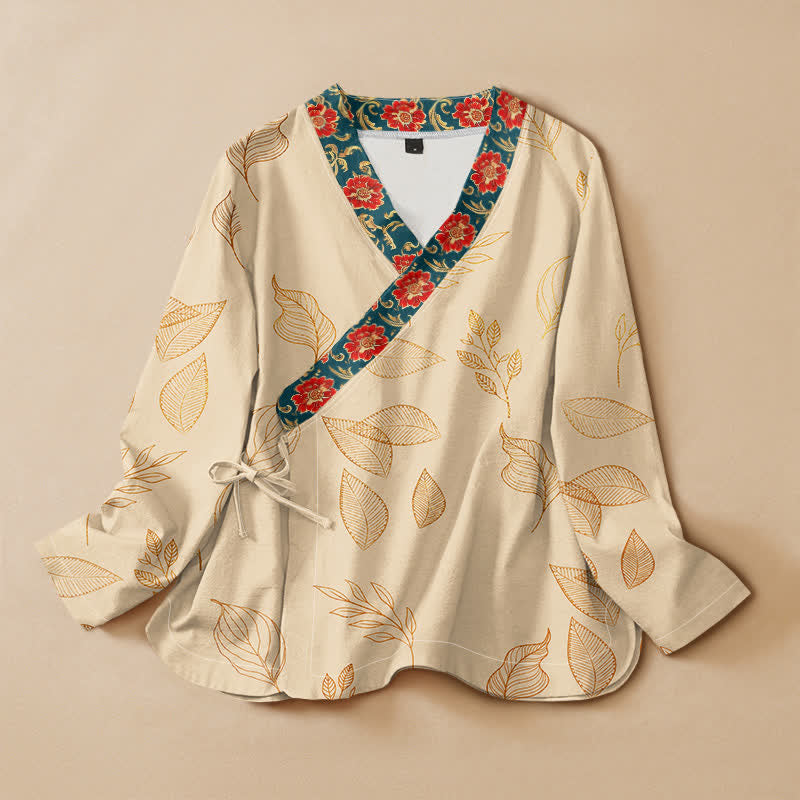 Buddha Stones Camicia da donna a maniche lunghe, stile Hanfu, con scollo a V e allacciatura, in cotone, con stampa di foglie dorate e fiori rossi. - Biancheria - US16, UK/AU20, EU48 (3XL) - image 0