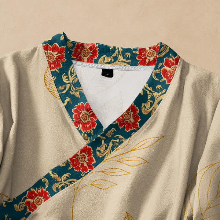 Kimono da donna a maniche lunghe con scollo a V e allacciatura, in cotone con stampa di foglie dorate e fiori rossi e motivo Buddha Stones. - image 2