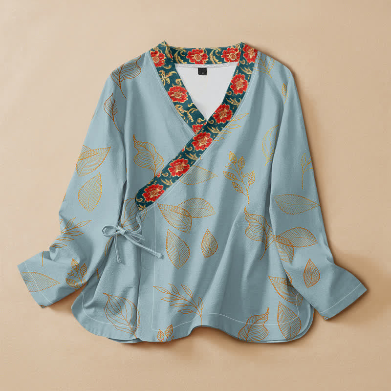 Kimono da donna a maniche lunghe con scollo a V e allacciatura, in cotone con stampa di foglie dorate e fiori rossi e motivo Buddha Stones. - Azzurro chiaro - US16, UK/AU20, EU48 (3XL) - image 7