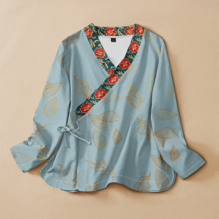 Kimono da donna a maniche lunghe con scollo a V e allacciatura, in cotone con stampa di foglie dorate e fiori rossi e motivo Buddha Stones. - Azzurro chiaro - US16, UK/AU20, EU48 (3XL) - image 7