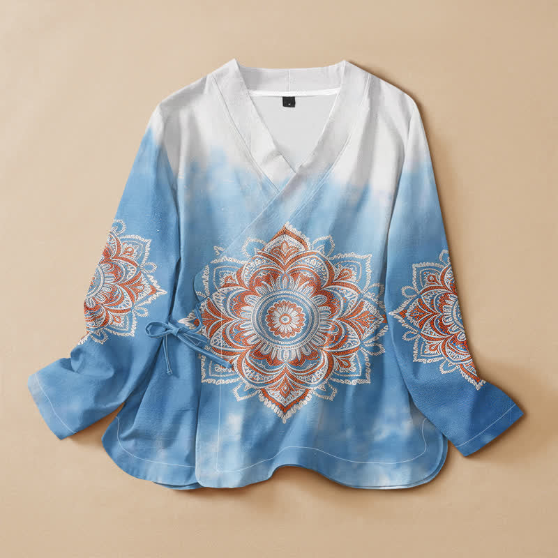 Buddha Stones Camicia da donna a maniche lunghe in cotone con stampa mandala boho, stile Hanfu, scollo a V e allacciatura a lacci. - Cielo Blu - US16, UK/AU20, EU48 (3XL) - image 0