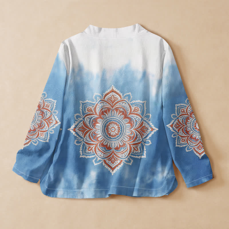 Buddha Stones Camicia da donna a maniche lunghe in cotone con stampa mandala boho, stile Hanfu, scollo a V e allacciatura a lacci. - image 1