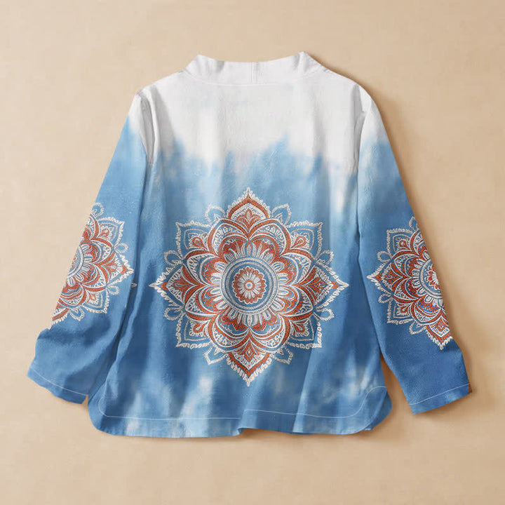 Buddha Stones Camicia da donna a maniche lunghe in cotone con stampa mandala boho, stile Hanfu, scollo a V e allacciatura a lacci. - image 1