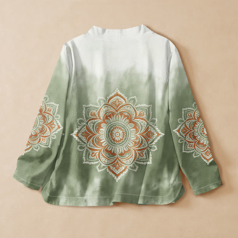 Buddha Stones Camicia da donna a maniche lunghe in cotone con stampa mandala boho, stile Hanfu, scollo a V e allacciatura a lacci. - image 6