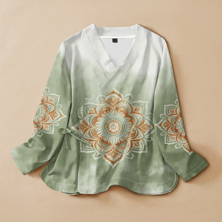 Buddha Stones Camicia da donna a maniche lunghe in cotone con stampa mandala boho, stile Hanfu, scollo a V e allacciatura a lacci. - Verde Mare Scuro - US16, UK/AU20, EU48 (3XL) - image 5