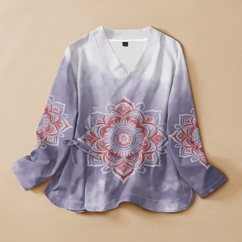 Buddha Stones Camicia da donna a maniche lunghe in cotone con stampa mandala boho, stile Hanfu, scollo a V e allacciatura a lacci. - Cardo - US16, UK/AU20, EU48 (3XL) - image 7