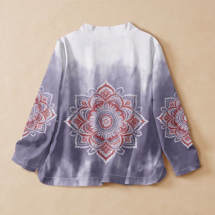 Buddha Stones Camicia da donna a maniche lunghe in cotone con stampa mandala boho, stile Hanfu, scollo a V e allacciatura a lacci. - image 8