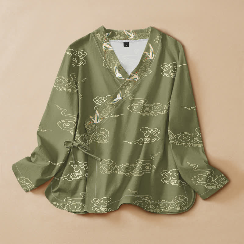 Kimono da donna a maniche lunghe con scollo a V e allacciatura, stampa di gru e nuvole di buon auspicio in cotone con motivo Buddha Stones . - Oliva - US16, UK/AU20, EU48 (3XL) - image 5