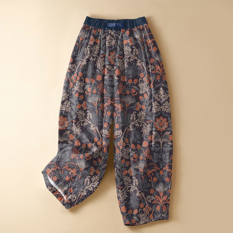Buddha Stones Pantaloni harem da donna in puro cotone, stile bohémien, con motivo floreale e viticci, bottoni a rana e vita elasticizzata, con tasche. - Marrone sella - US16, UK/AU20, EU48 (3XL) - image 0