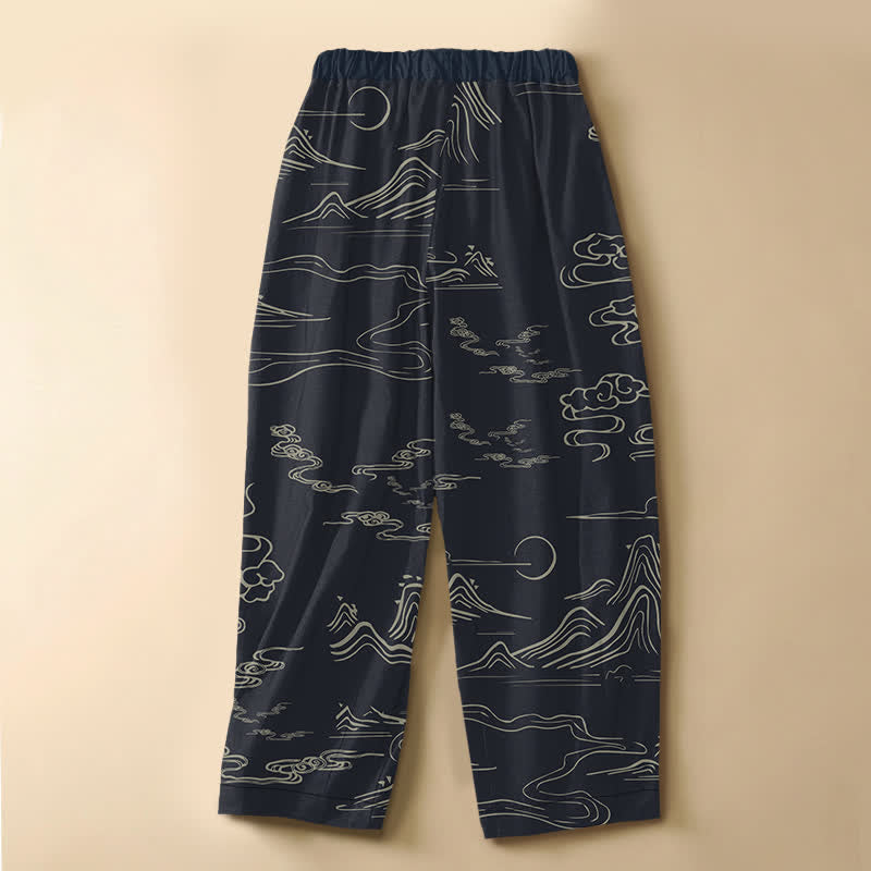 Buddha Stones Pantaloni harem da donna in puro cotone con motivo vintage montagna e nuvole, bottoni a rana, vita elasticizzata e tasche. - image 1