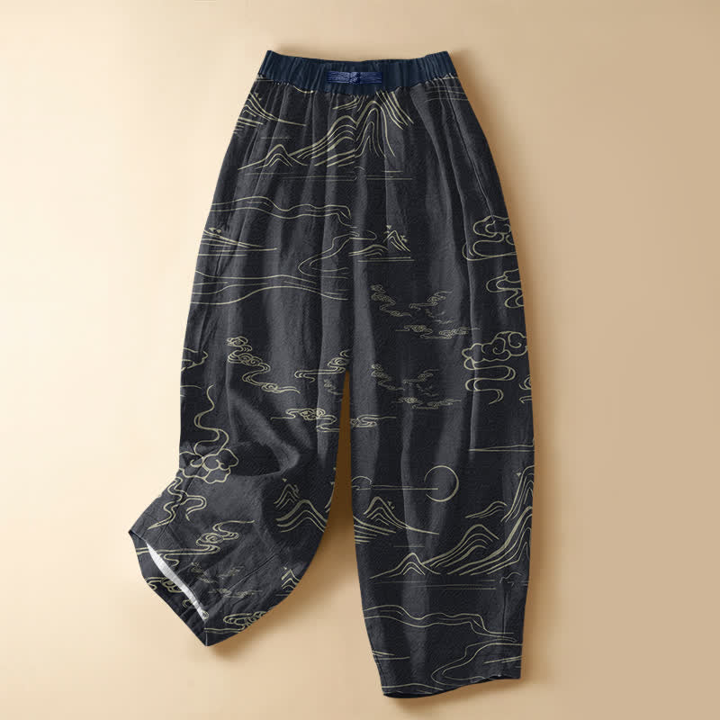 Buddha Stones Pantaloni harem da donna in puro cotone con motivo vintage montagna e nuvole, bottoni a rana, vita elasticizzata e tasche. - Nero - US16, UK/AU20, EU48 (3XL) - image 0