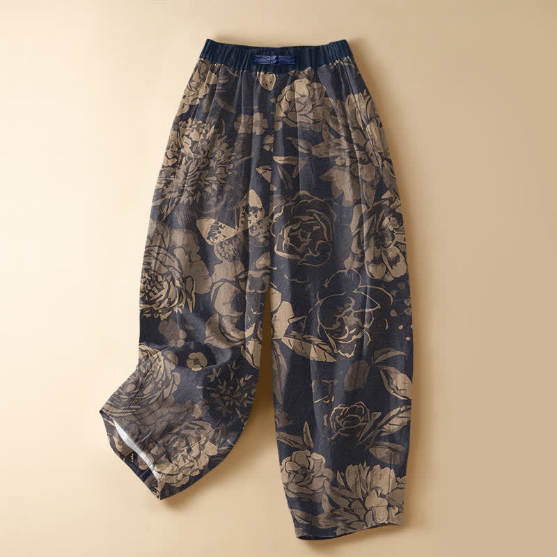 Buddha Stones Pantaloni harem da donna in puro cotone con motivo floreale di peonia e foglie, chiusura con bottoni a rana e vita elasticizzata, con tasche. - Marina - US16, UK/AU20, EU48 (3XL) - image 0