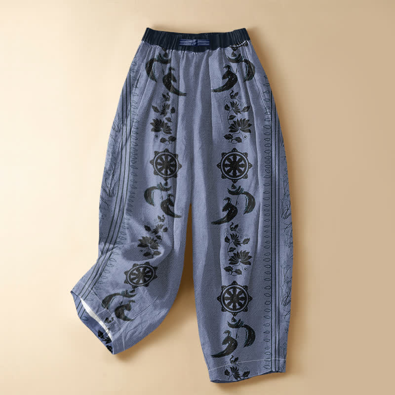 Buddha Stones Pantaloni harem da donna in puro cotone etnico con motivo ruota del Dharma, loto e OM, bottoni a rana, vita elasticizzata e tasche. - Blu acciaio chiaro - US16, UK/AU20, EU48 (3XL) - image 0