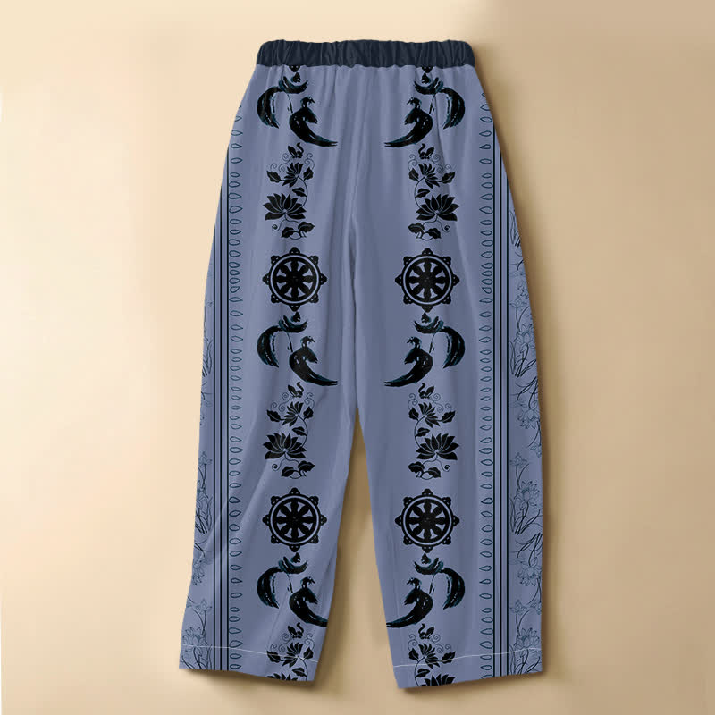 Buddha Stones Pantaloni harem da donna in puro cotone etnico con motivo ruota del Dharma, loto e OM, bottoni a rana, vita elasticizzata e tasche. - image 1