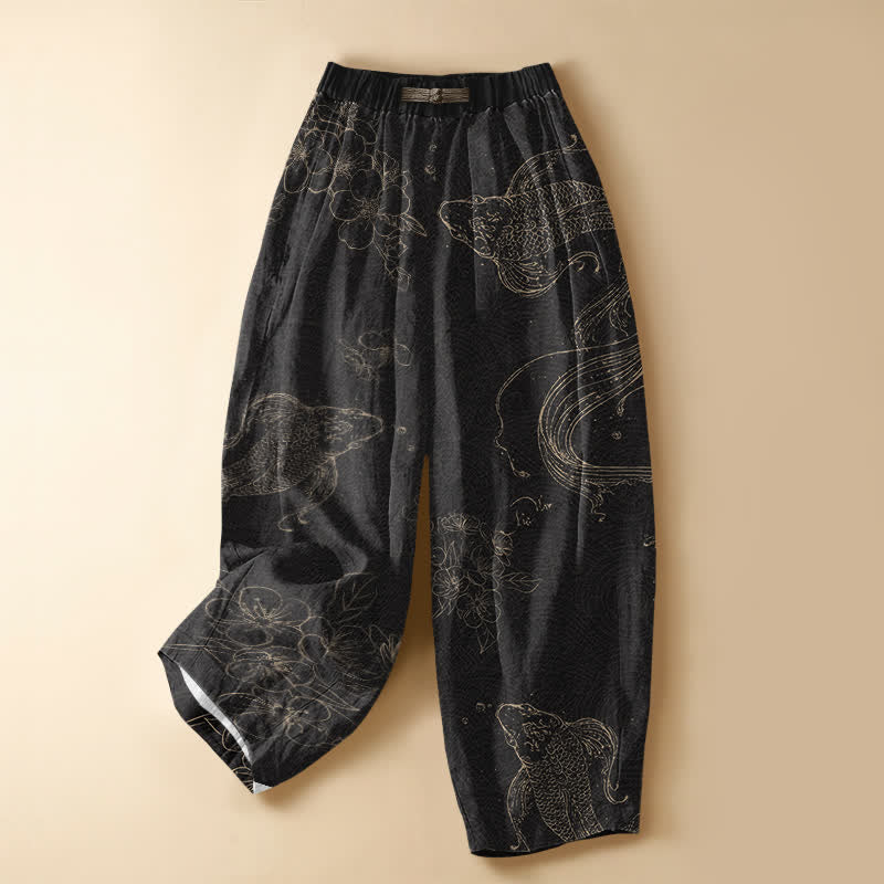 Buddha Stones Pantaloni harem da donna in puro cotone con motivo a pesci koi e fiori, bottoni a rana e vita elasticizzata, con tasche. - Nero - US16, UK/AU20, EU48 (3XL) - image 0