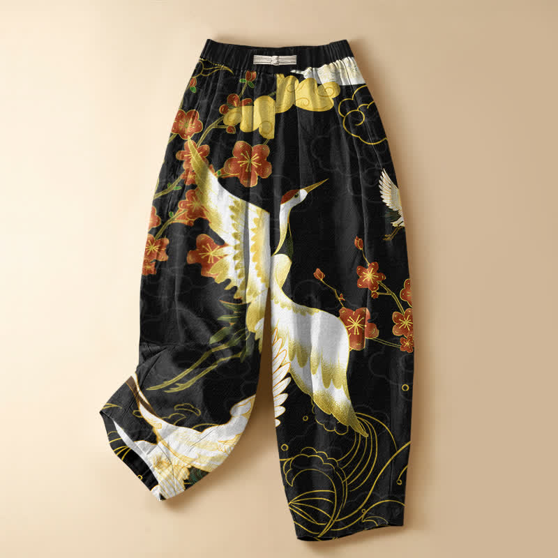 Buddha Stones Pantaloni harem da donna in puro cotone con motivo floreale orientale a gru, nuvole di buon auspicio e bottoni a rana, vita elasticizzata e tasche. - Nero - US16, UK/AU20, EU48 (3XL) - image 0
