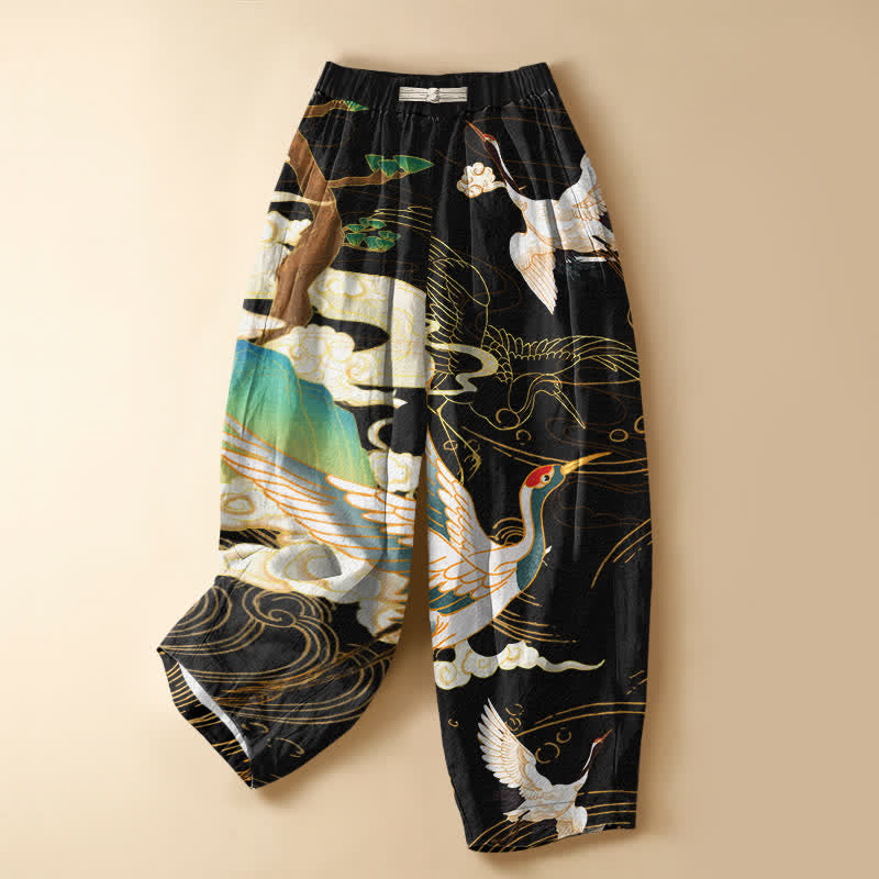 Buddha Stones Pantaloni harem da donna in puro cotone con motivo a gru volanti orientali, nuvole, bottoni a rana e vita elasticizzata con tasche. - Nero - US16, UK/AU20, EU48 (3XL) - image 0