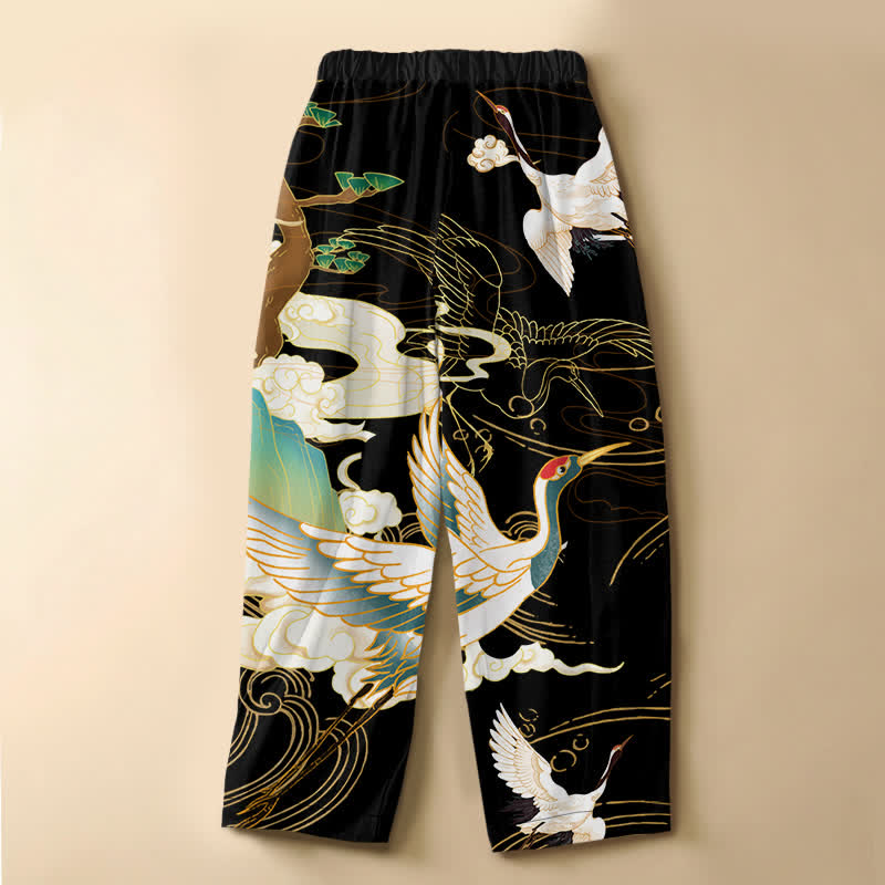 Buddha Stones Pantaloni harem da donna in puro cotone con motivo a gru volanti orientali, nuvole, bottoni a rana e vita elasticizzata con tasche. - image 1