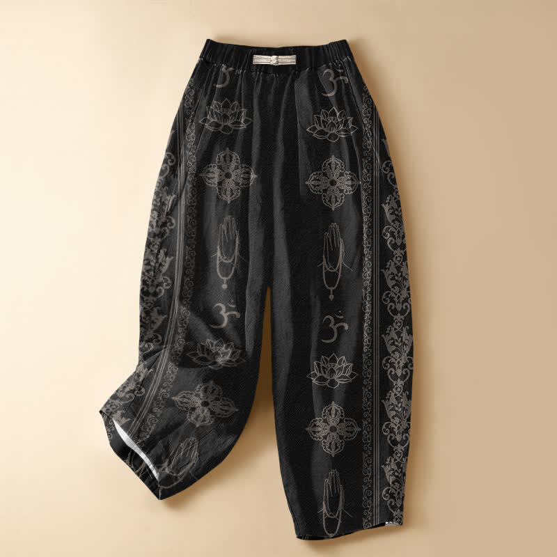 Buddha Stones Pantaloni harem da donna in puro cotone con elastico in vita e tasche, motivo fiori di loto, doppio Dorje Vajra Namaste OM, bottoni a rana. - Nero - US16, UK/AU20, EU48 (3XL) - image 0