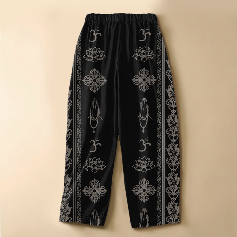 Buddha Stones Pantaloni harem da donna in puro cotone con elastico in vita e tasche, motivo fiori di loto, doppio Dorje Vajra Namaste OM, bottoni a rana. - image 1