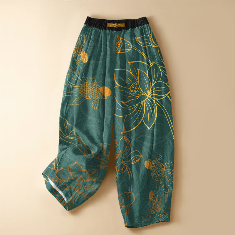 Buddha Stones Pantaloni harem da donna in puro cotone con motivo a foglie di loto dorate e pesci koi, bottoni a rana e vita elasticizzata con tasche. - Verde acqua - US16, UK/AU20, EU48 (3XL) - image 0