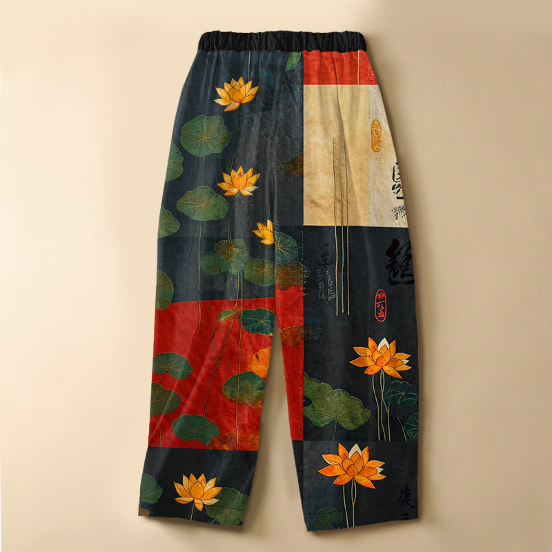 Buddha Stones Pantaloni harem da donna in puro cotone con motivo patchwork vintage a loto, bottoni a rana e vita elasticizzata, con tasche. - image 1