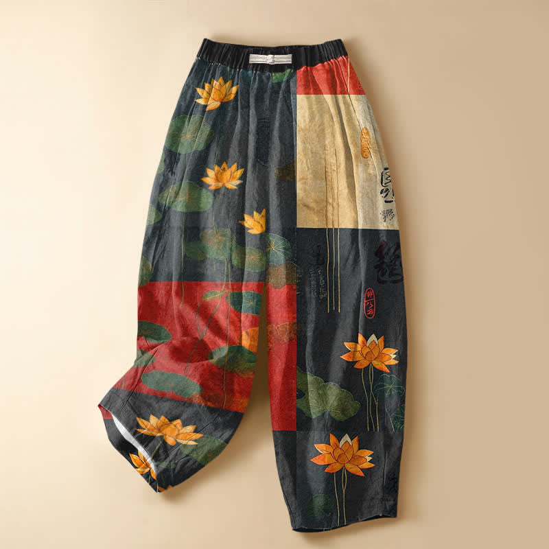 Buddha Stones Pantaloni harem da donna in puro cotone con motivo patchwork vintage a loto, bottoni a rana e vita elasticizzata, con tasche. - SteelBlue - US16, UK/AU20, EU48 (3XL) - image 0