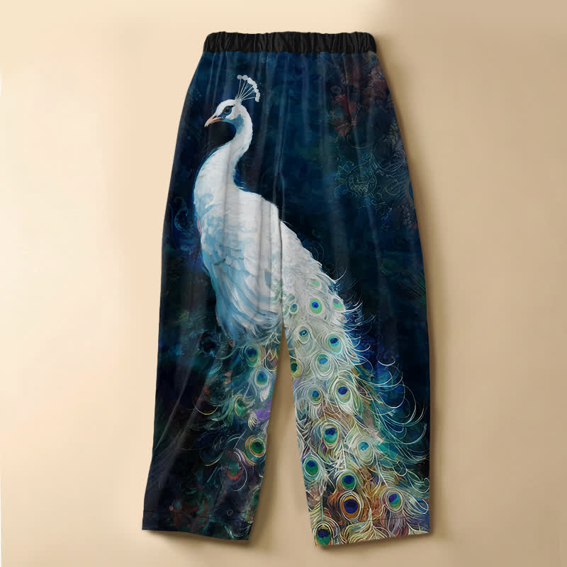 Buddha Stones Pantaloni harem da donna in puro cotone bianco con motivo pavone e bottoni a rana, vita elasticizzata e tasche. - image 1