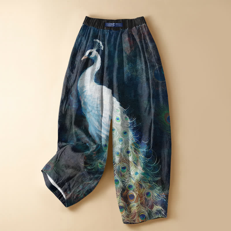 Buddha Stones Pantaloni harem da donna in puro cotone bianco con motivo pavone e bottoni a rana, vita elasticizzata e tasche. - Marina - US16, UK/AU20, EU48 (3XL) - image 0