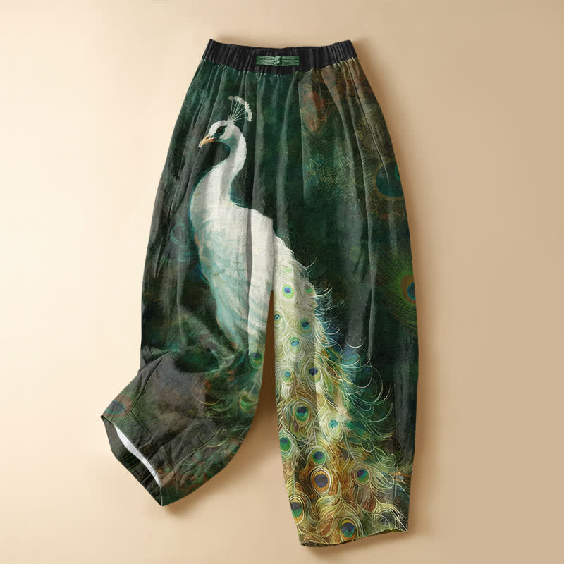 Buddha Stones Pantaloni harem da donna in puro cotone bianco con motivo pavone e bottoni a rana, vita elasticizzata e tasche. - Verde scuro - US16, UK/AU20, EU48 (3XL) - image 5